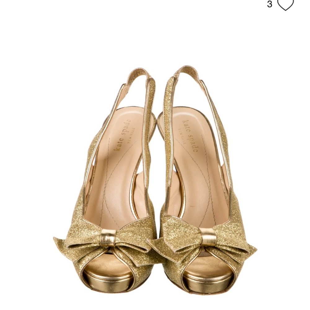 Kate Spade Gold Glitter Bow Slingback Heels, size 7 1/2 B